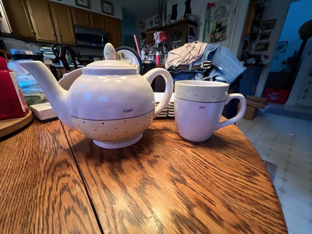 Rae Dunn Polka Dot “Pour" Teapot & “Sip” Mug Pottery Artisan Collection